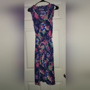 Talbots Women's Floral Fit and Flare Dress Blue V Neck Sleeveless 2 Ruffles